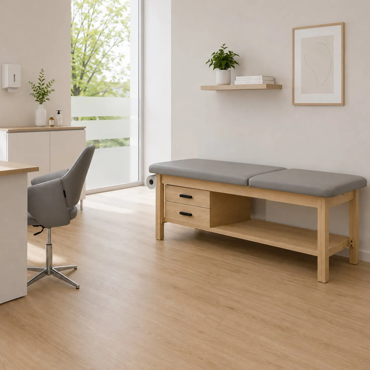 Holz-Behandlungsliege mit Unterschrank