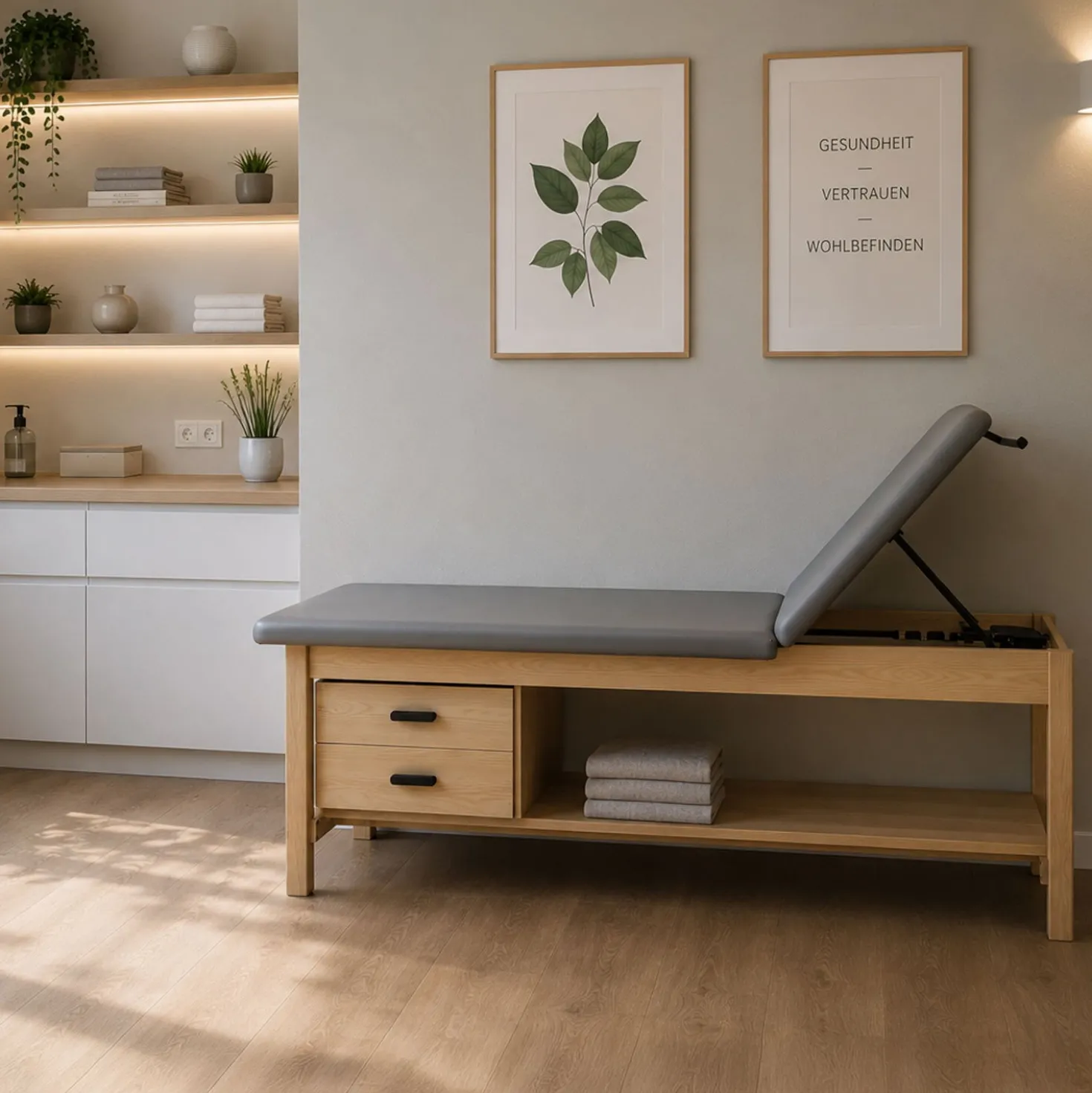 Holz-Behandlungsliege mit Unterschrank