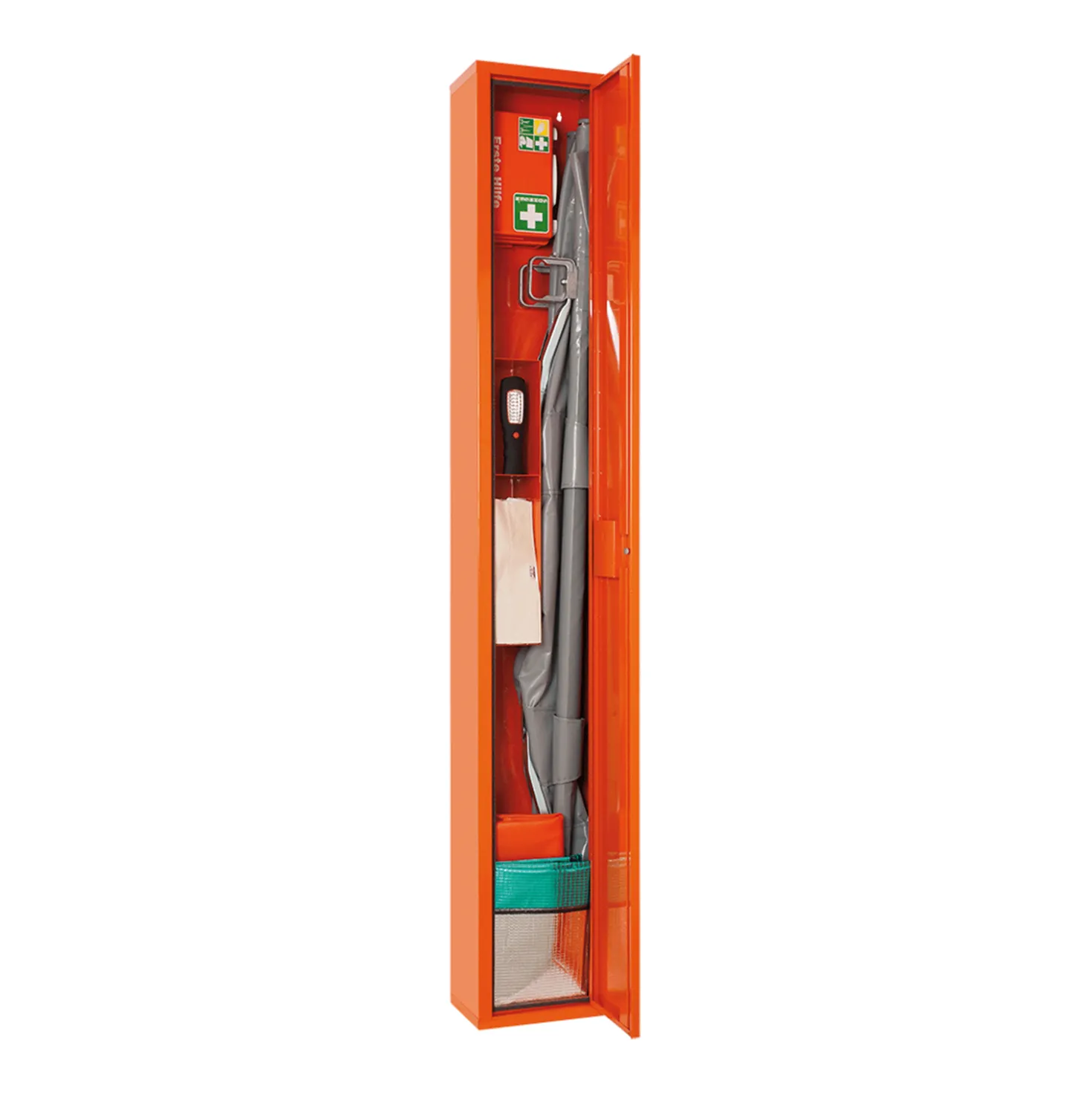 Stehschrank für Krankentrage mit Inhalt